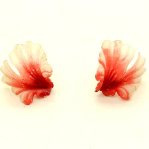 Red White Orchid 3D Plastic Clip on Earrings Vintage Gift for Her Tea Party Rockabilly