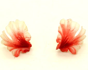 Boucles d'oreilles clip en plastique 3D orchidée rouge blanche, cadeau vintage pour elle, tea party rockabilly