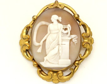 Antique Large Shell Carved Cameo Pinchbeck Brooch Pin Victorian ca 1890s Vintage Collectable Gift for Her