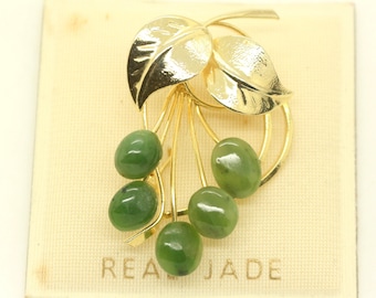 Real Jade Nephrite Gold Tone Flower Bouquet Brooch Pin on Original Card Vintage Birthday Christmas Gift for Her