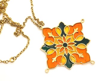 Transparent Orange Stained Glass Oversized Pendant on 33inch Gold Tone Chain Necklace Vintage Boho Fleur de Lis Gift for Her