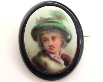 Victorian Black WHITBY JET Hand Painted Porcelain PORTRAIT of Boy Brooch Pin Black Antique Vintage Birthday Wedding Gift for Her