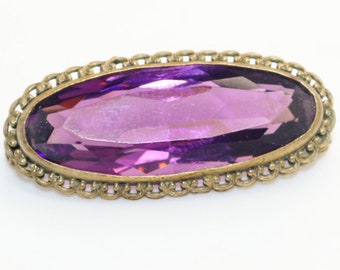 Antique Edwardian purple Amethyst Glass Brass Brooch Pin Vintage Art Deco Wedding Birthday Christmas Gift for Her Mum