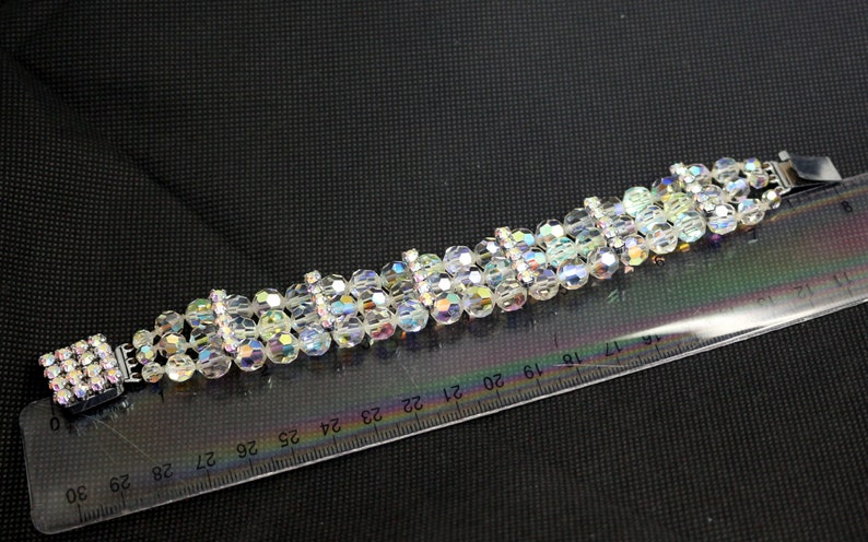 Vintage Bridal Wedding Cocktail Aurora Borealis Clear Glass Paste Rhinestones Triple Row Bracelet 7 12inch long Birthday Gift for Her