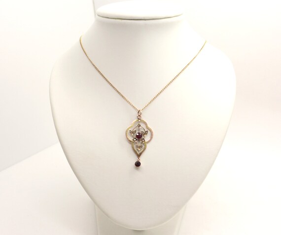 9ct Gold Garnet seed Pearl Lariat Pendant on 16in… - image 2