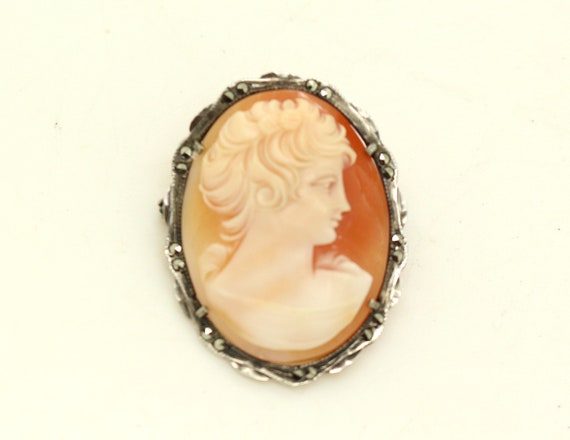 Italian Shell CAMEO MARCASITE Continental Silver … - image 1