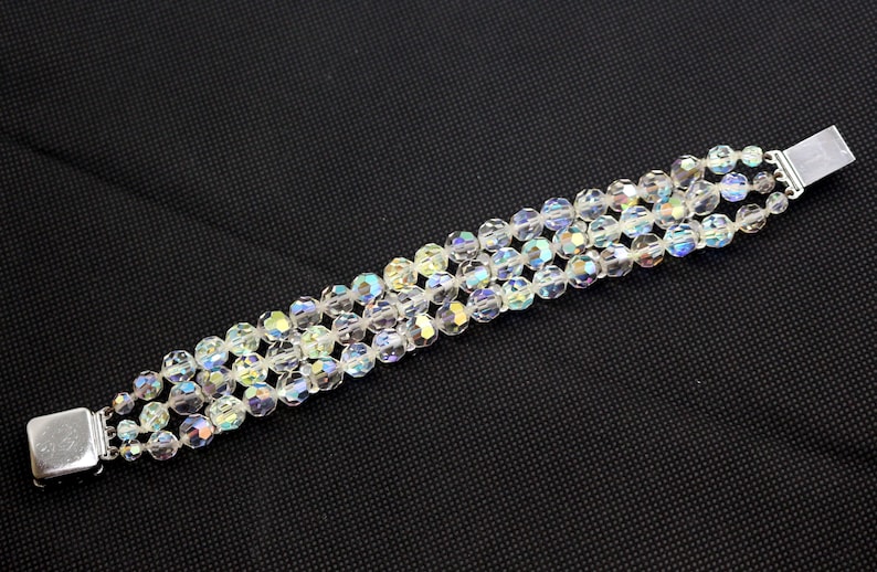 Vintage Bridal Wedding Cocktail Aurora Borealis Clear Glass Paste Rhinestones Triple Row Bracelet 7 12inch long Birthday Gift for Her