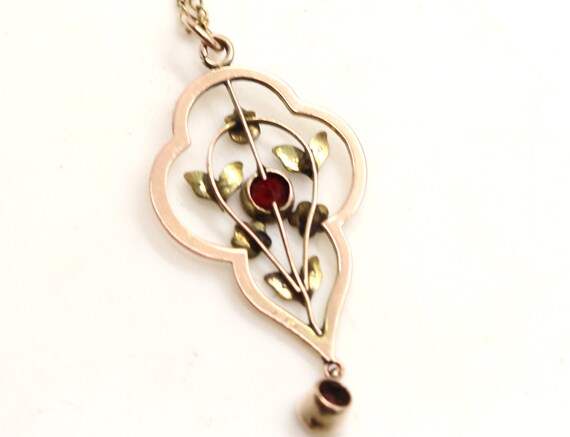 9ct Gold Garnet seed Pearl Lariat Pendant on 16in… - image 6