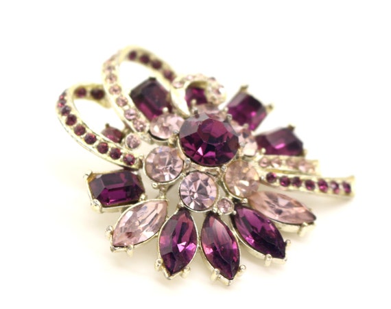 Signed EXQUISITE Flower Bow Purple Rhinestones Pa… - image 3
