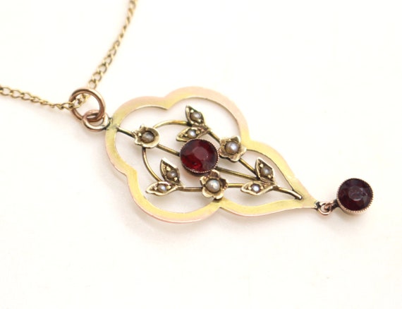 9ct Gold Garnet seed Pearl Lariat Pendant on 16in… - image 4