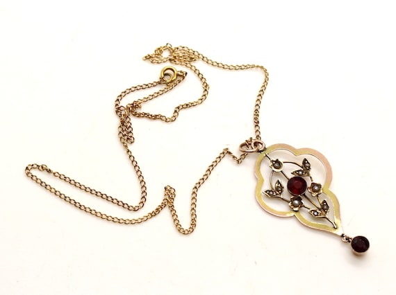 9ct Gold Garnet seed Pearl Lariat Pendant on 16in… - image 1