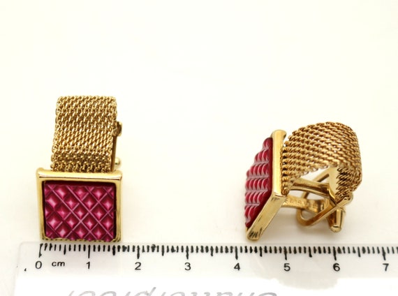 Bright Pink Rigid Glass Gold Tone Mesh CUFFLINKS … - image 10