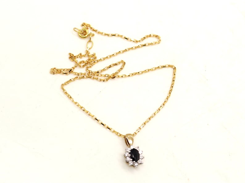 9ct Yellow Gold Blue Sapphire Cubic Zirconia CZ pendant 16inch long Belcher Chain Necklace Vintage Jewelry Anniversary Birthday Gift for Her