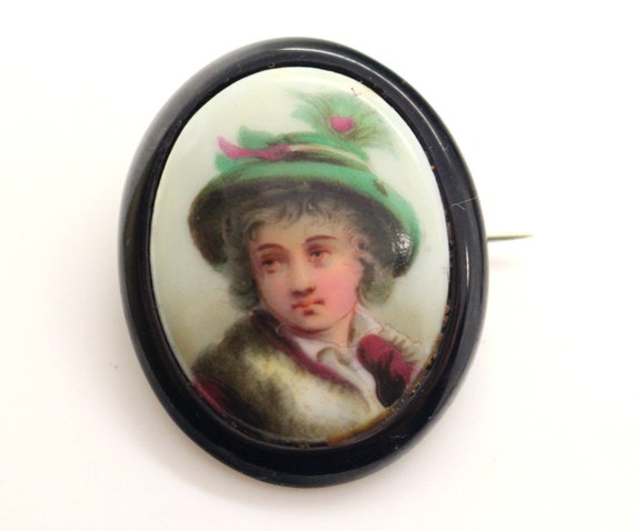Victorian Black WHITBY JET Hand Painted Porcelain POR… - Gem