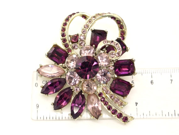 Signed EXQUISITE Flower Bow Purple Rhinestones Pa… - image 5