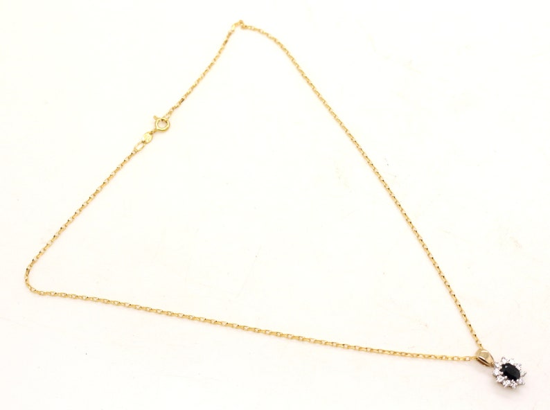 9ct Yellow Gold Blue Sapphire Cubic Zirconia CZ pendant 16inch long Belcher Chain Necklace Vintage Jewelry Anniversary Birthday Gift for Her