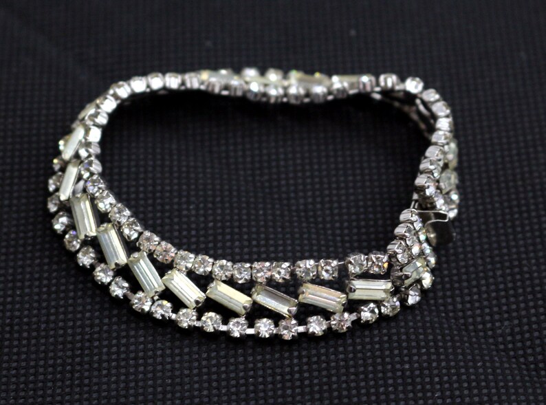 Bridal Wedding Cocktail Silver tone Clear Paste Rhinestones Bracelet 7inch long Birthday Christmas Gift for Her Something Old image 2