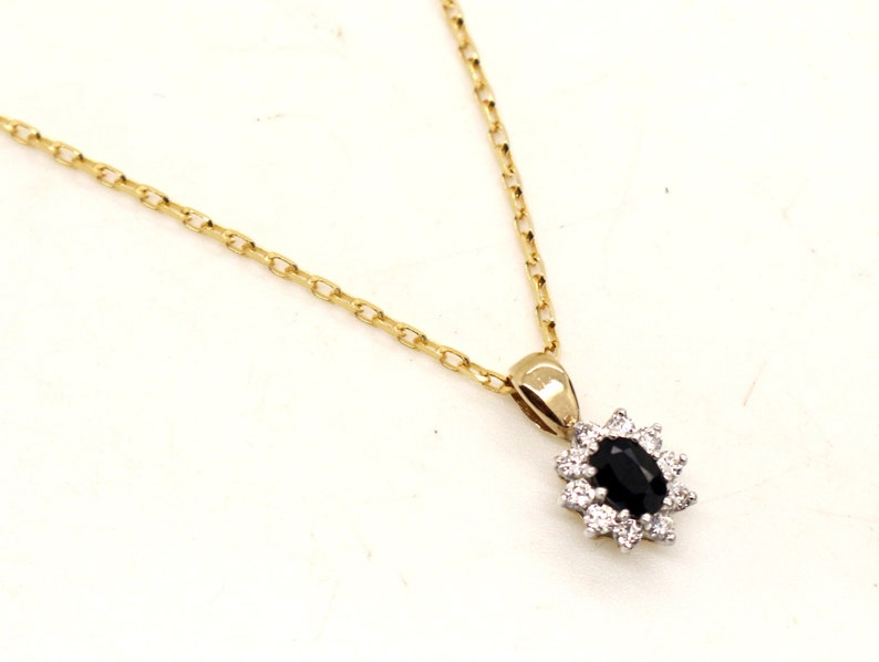 9ct Yellow Gold Blue Sapphire Cubic Zirconia CZ pendant 16inch long Belcher Chain Necklace Vintage Jewelry Anniversary Birthday Gift for Her