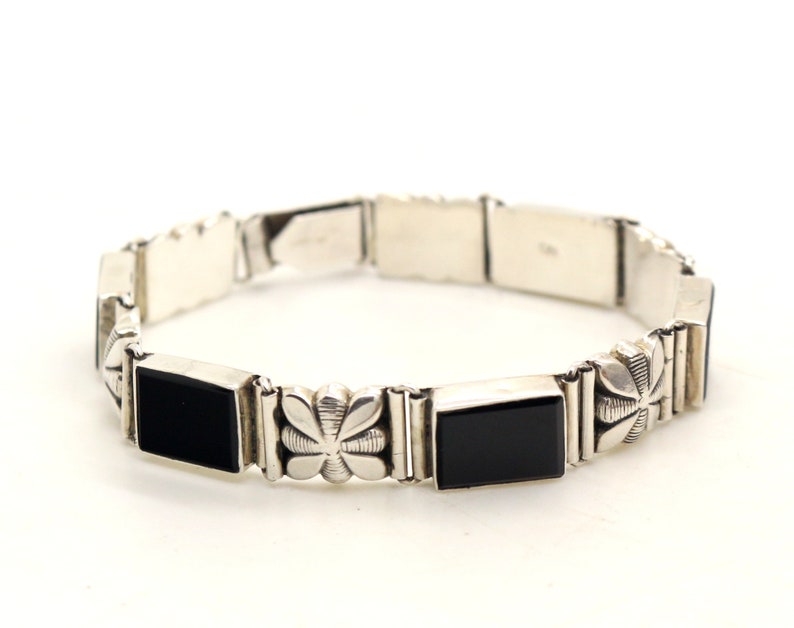 Real Sterling Silver Daisy Flower ONYX panels Bracelet 8 inch Long Fully Hallmarked Christmas Swetheart Birthday Gift for Her
