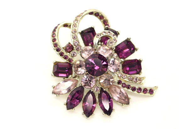 Signed EXQUISITE Flower Bow Purple Rhinestones Pa… - image 2