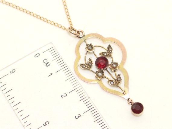 9ct Gold Garnet seed Pearl Lariat Pendant on 16in… - image 7