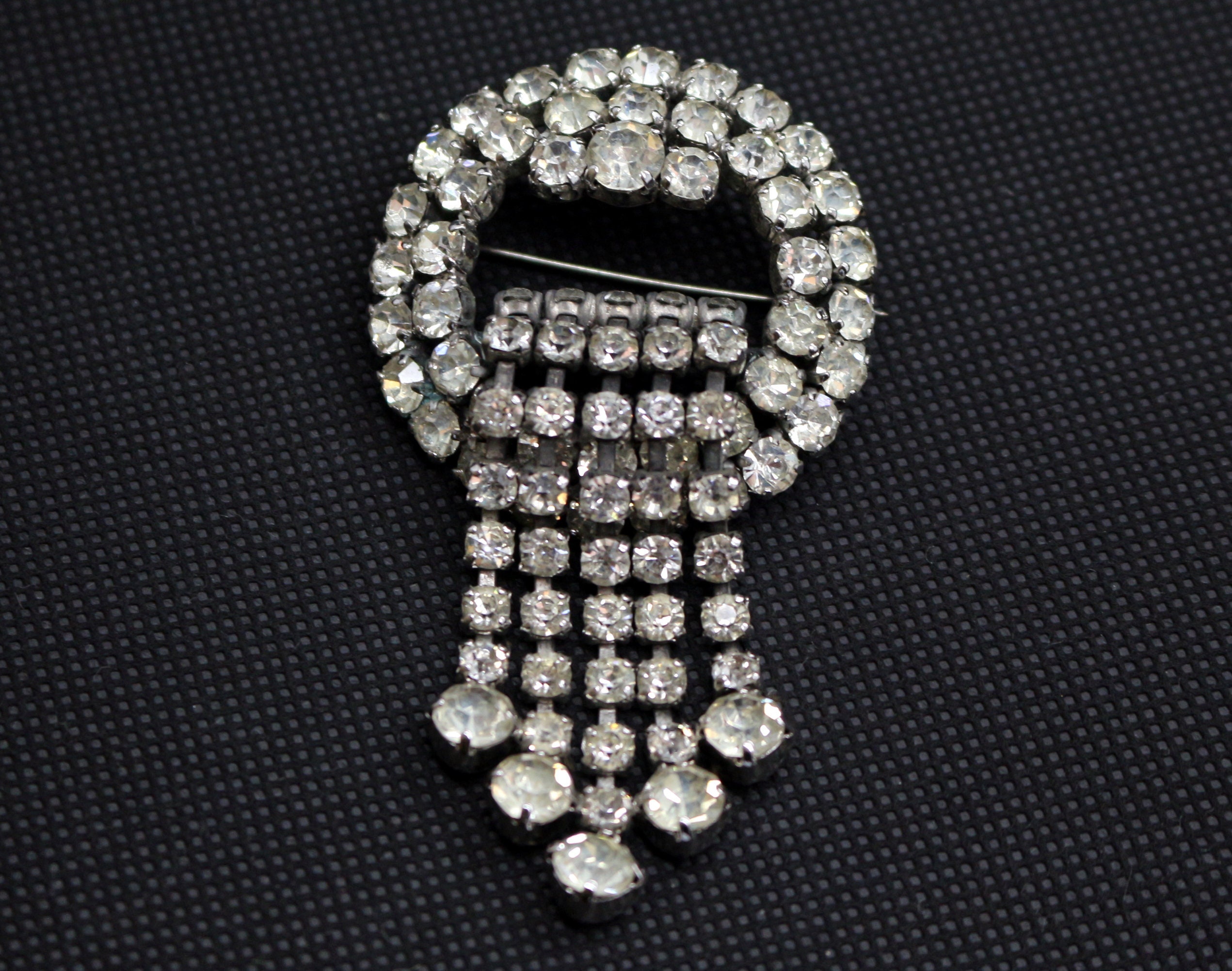 Silver Tone Bridal Crystal Heart Tassel Brooch