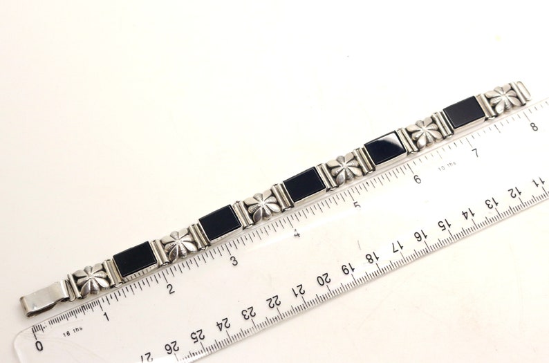Real Sterling Silver Daisy Flower ONYX panels Bracelet 8 inch Long Fully Hallmarked Christmas Swetheart Birthday Gift for Her