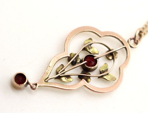 9ct Gold Garnet seed Pearl Lariat Pendant on 16in… - image 5