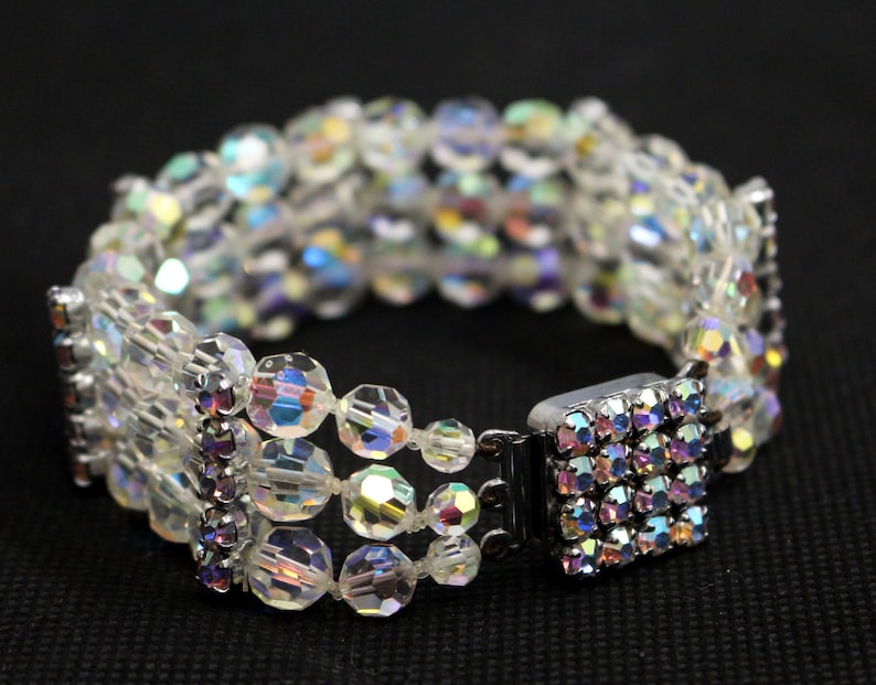 Vintage Bridal Wedding Cocktail Aurora Borealis Clear Glass Paste Rhinestones Triple Row Bracelet 7 12inch long Birthday Gift for Her