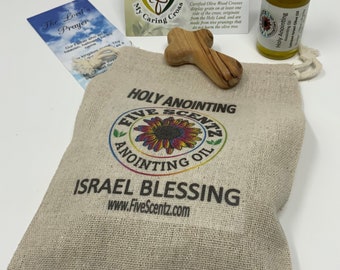 Israel Blessing Gift Bag: Holy Anointing Oil & Olive Wood Caring Cross