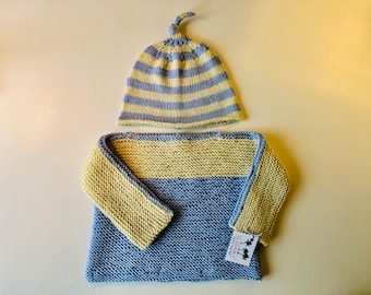 Two-Tone Baby Sweater with Striped Hat