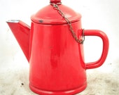 Vintage enamel coffee pot red enamelware tea water kettle Dutch c1970