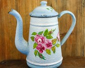 Vintage French Enamel Coffee pot Enamelware Tea pot Roses floral Koffiepot Theekan