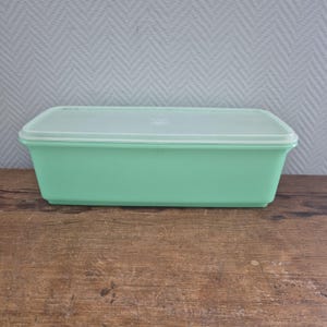 Op de afbeelding: Een rechthoekige, mintgroene plastic container met een doorzichtige, passende deksel. De container staat op een houten oppervlak. De deksel heeft een lichte curve en past goed op de container.