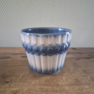 Op de afbeelding: Een blauwe en witte keramische plantenpot met een textuurontwerp. De pot heeft een brede rand en een afgeronde bodem.