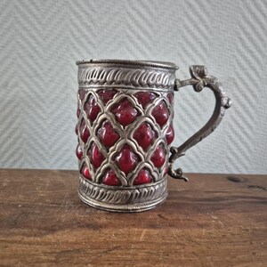 Vintage mug or cup (metal beer mug/tankard) inlaid with ruby-red glass