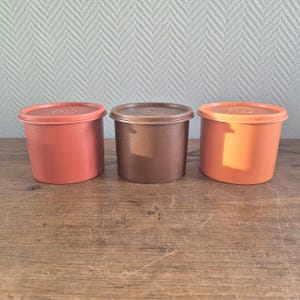 Op de afbeelding: Drie plastic opbergcontainers met deksels. De containers zijn in tinten bruin, oranje en rood.