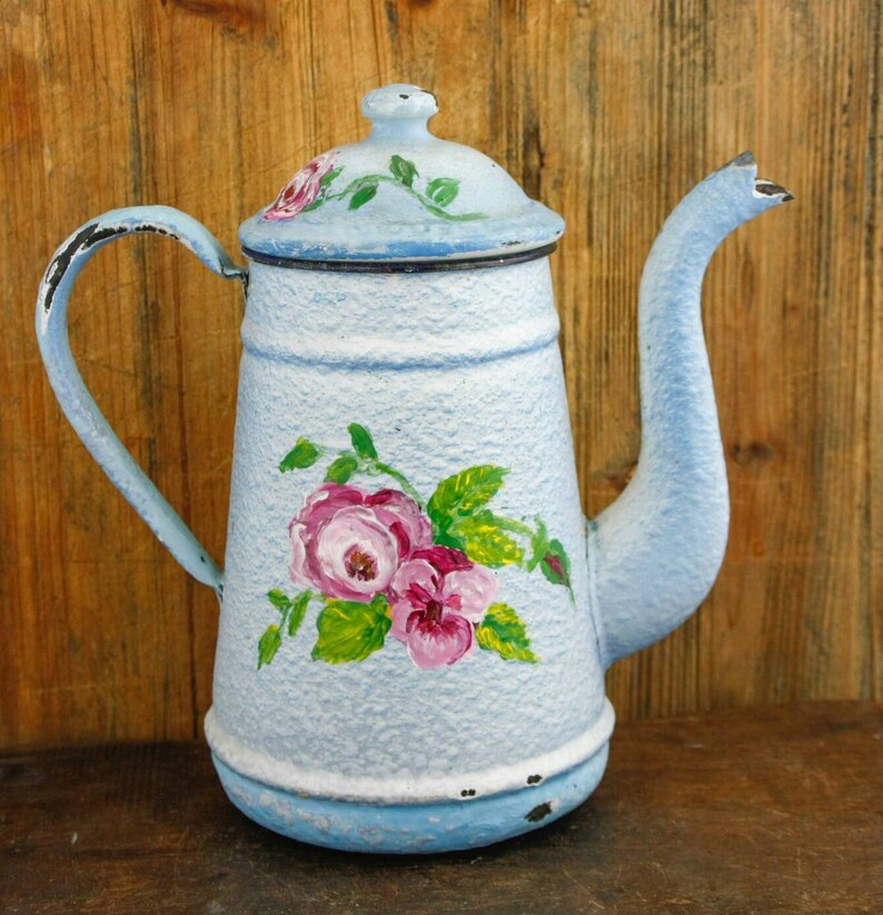 Vintage French Enamel Coffee Pot Enamelware Tea Pot Roses Etsy
