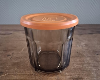 Vintage JAR LUMINARC France 500ml Jam Jar Smoked Glass Container w/Orange Lid