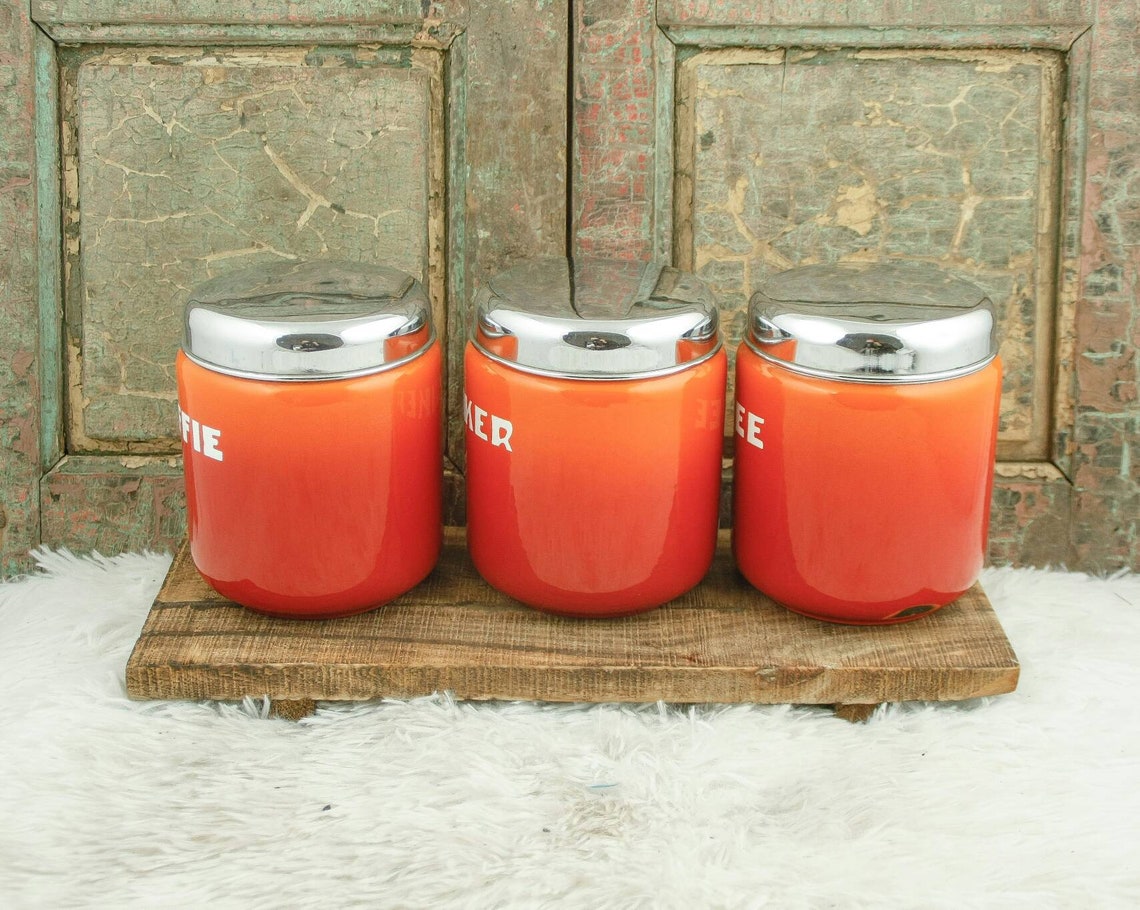 Vintage CANISTER SET Enamelware Coffee Sugar Tea Orange Flamed Dutch