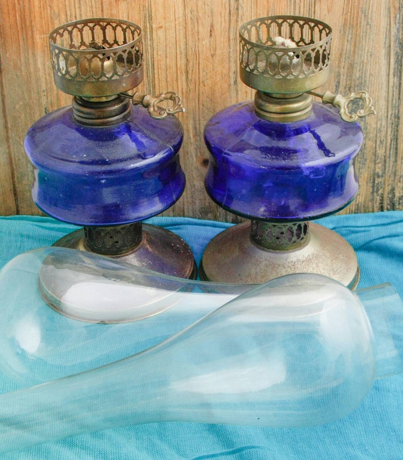 Vintage SAIL BOAT BRAND Oil Lamp Set Kobalt Blue Glass oil Etsy