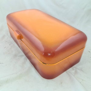 Vintage Enamel BREAD BOX Enamelware Orange Flamed Bin Brotkasten Broodtrommel