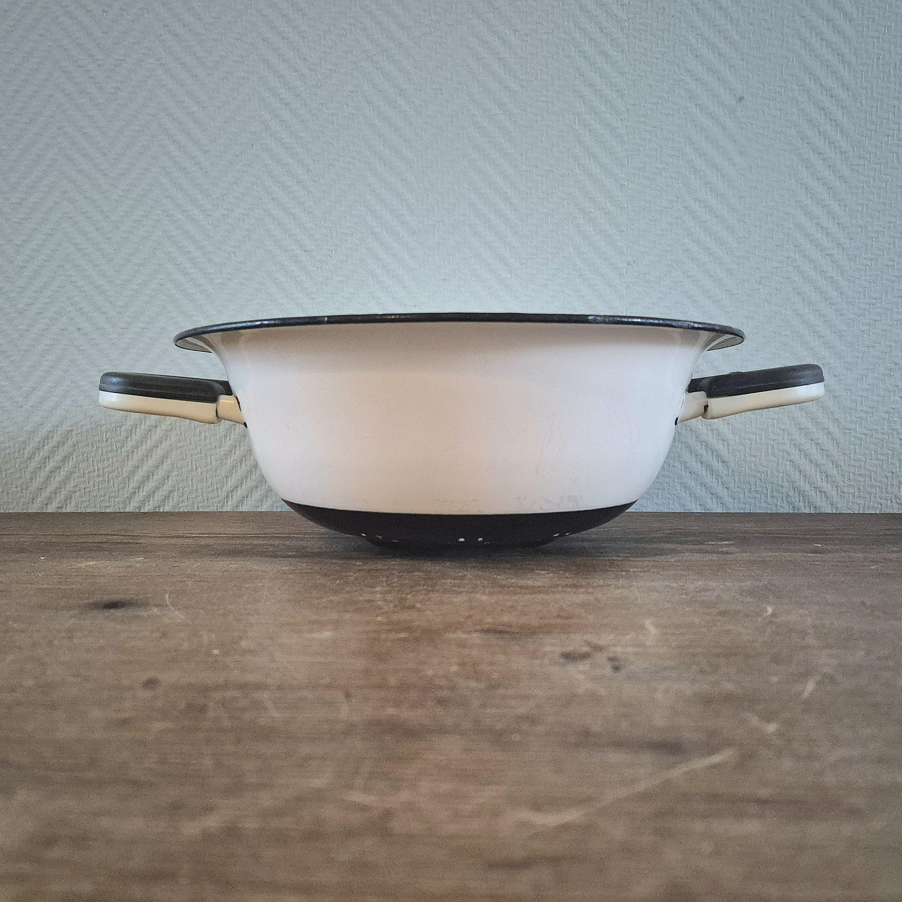 VINTAGE Dutch COLANDER Enamelware Offwhite Black Retro 1960's Sixties Strainer Colander
