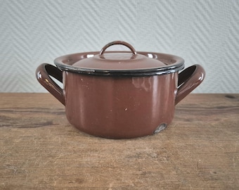 Padella in smalto olandese, pentola da campeggio, circa 1950, casseruola smaltata marrone
