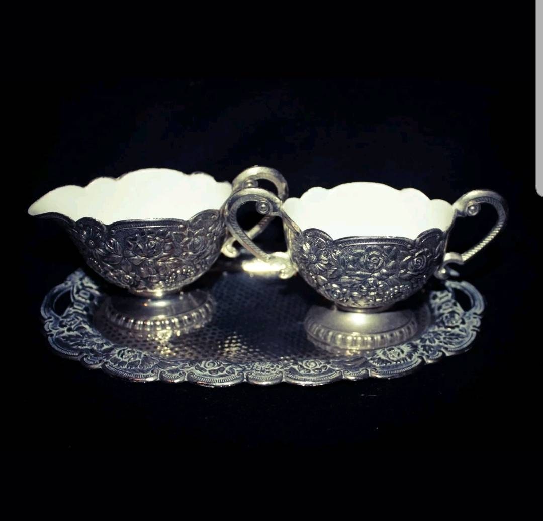 Creamer and Sugar Set on Tray Silver Plate White Enameled Etsy