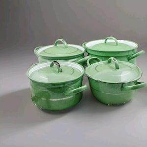 Vintage Dutch Enamelware Pan Set Camping Cookware c1950 Enamel Reseda Green 4pcs Cooking