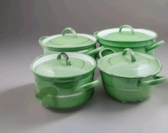 Ensemble de casseroles en émail hollandais vintage Ustensiles de cuisine de camping c1950 Émail Reseda Green 4 pièces Cuisine