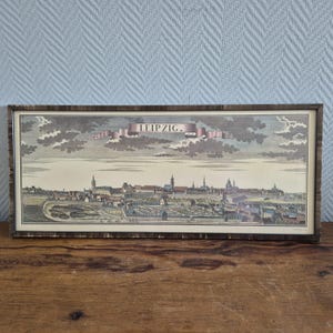 F.B WERNER, 1724 LEIPZIG Plan de la ville Impression coloriée à la main Lithogravure Peinture encadrée Ville