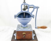 Antique PEUGEOT FRERES A2 Cast-Iron Coffee Grinder Mill Koffiemolen Moulin Molinillo Cafe Macinacaffe Restored Blue Grey Gold