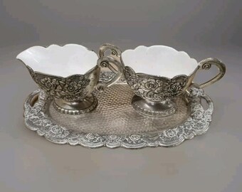 Creamer and sugar set on tray silver plate white enameled inside rare